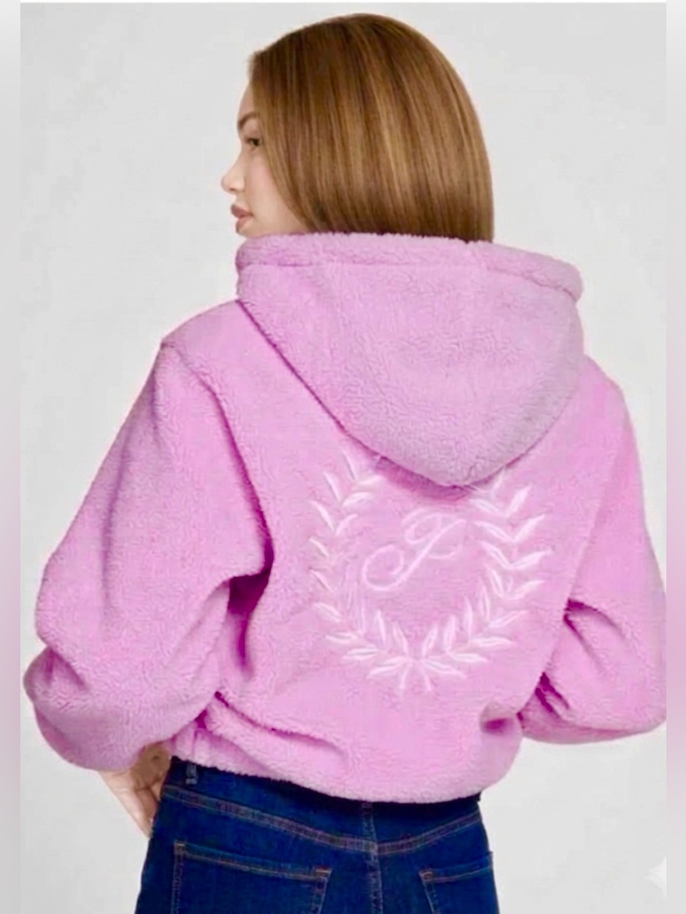 Pink VS - New Women’s Pink Plush Teddy hooded bomber jacket full zip up size XL